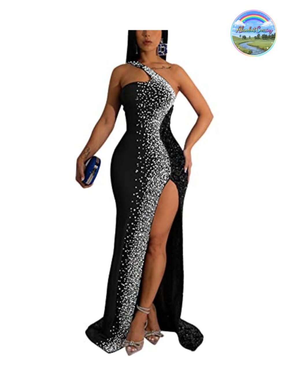 Sequin Rhinestone One Shoulder Backless Bodycon Maxi Evening Dress